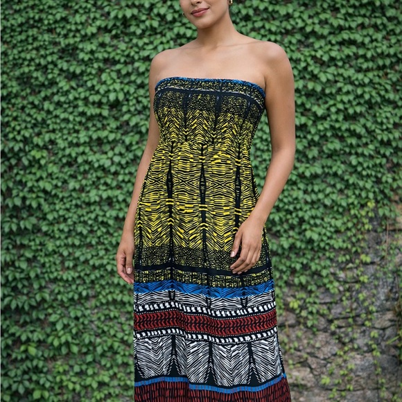 Xhilaration Dresses & Skirts - XHILARATION Shirred Strapless Multicolor Block Print Maxi Dress, S